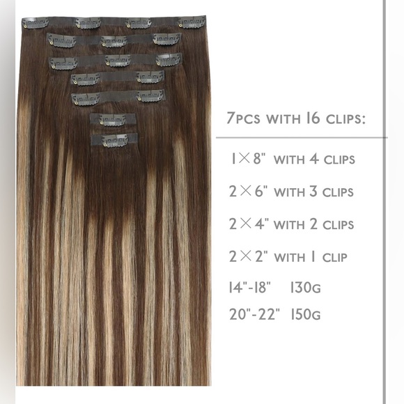 Seamless clip in hair extensions 14” 7pc 130g brown to honey blonde human hair - Picture 2 of 8